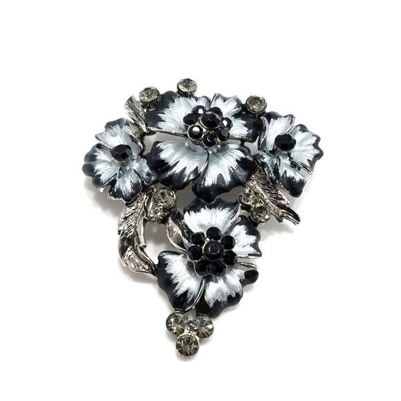 Vintage Silver Enamel Black Crystal Rhinestones Brooch, 1990s, 2 1/4 Inches - Picture 1 of 8